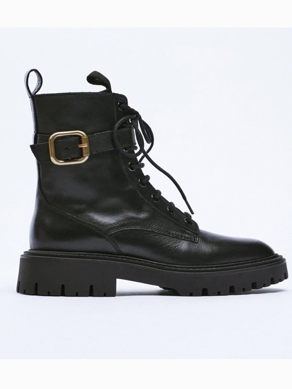 NWOT Zara Black Leather Lug-Sole Lace-Up Combat Boots w/Buckle Size 42 or 11